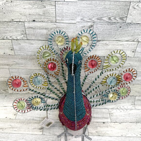 NWT BeadWorx Grass Roots Wired Colored Glass 13" Beaded Peacock Figurine - Picture 3 of 10